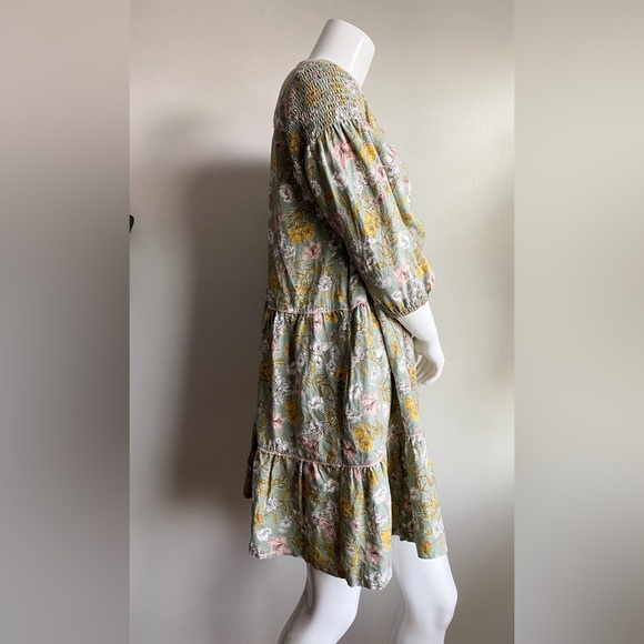 Cynthia Rowley Linen Babydoll Dress Puff Sleeves Floral Boho Green Pink Resort M - Picture 6 of 11